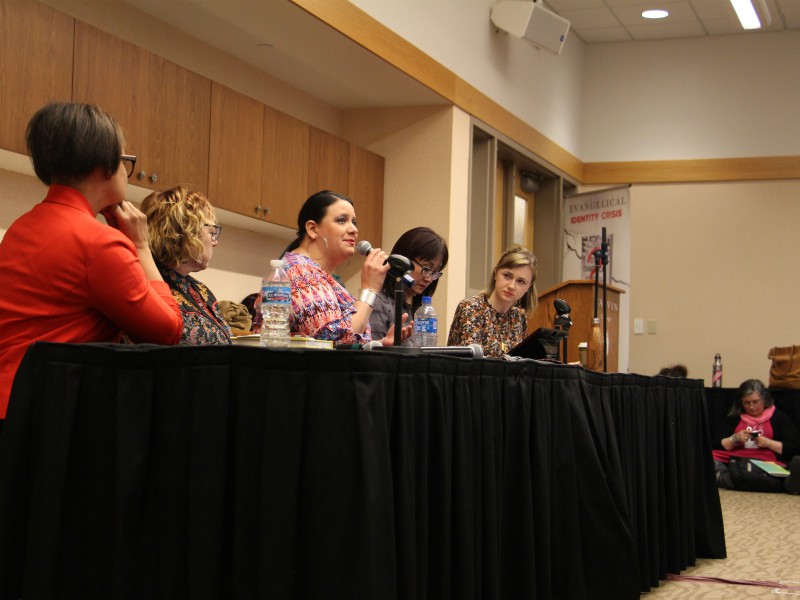 Left to right, Christian writers Deidra Riggs, Karen Swallow Prior, Sandra Maria Van Opstal, Kathy Khang and Katelyn Beaty discuss what it means to be evangelical and female, in a packed session April 13, 2018, at the Festival of Faith and Writing at Calvin College in Grand Rapids, Mich. RNS photo by Emily McFarlan Miller
