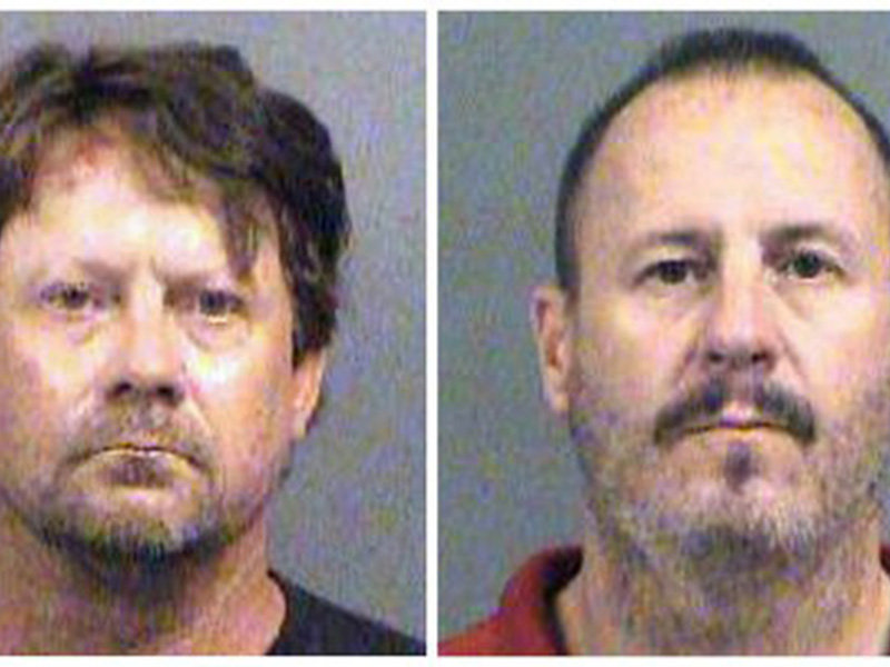 This combination of Oct. 14, 2016, file booking photos provided by the Sedgwick County Sheriff's Office in Wichita, Kan., shows from left, Patrick Stein, Curtis Allen and Gavin Wright, three members of a Kansas militia group who were charged with plotting to bomb an apartment building filled with Somali immigrants in Garden City, Kan. A federal jury on Wednesday, April 18, 2018, found the three men guilty. All were convicted of one count of conspiracy to use a weapon of mass destruction and one count of conspiracy against civil rights. Wright was convicted of a charge of lying to the FBI. Sentencing is set for June 27. (Sedgwick County Sheriff's Office via AP)