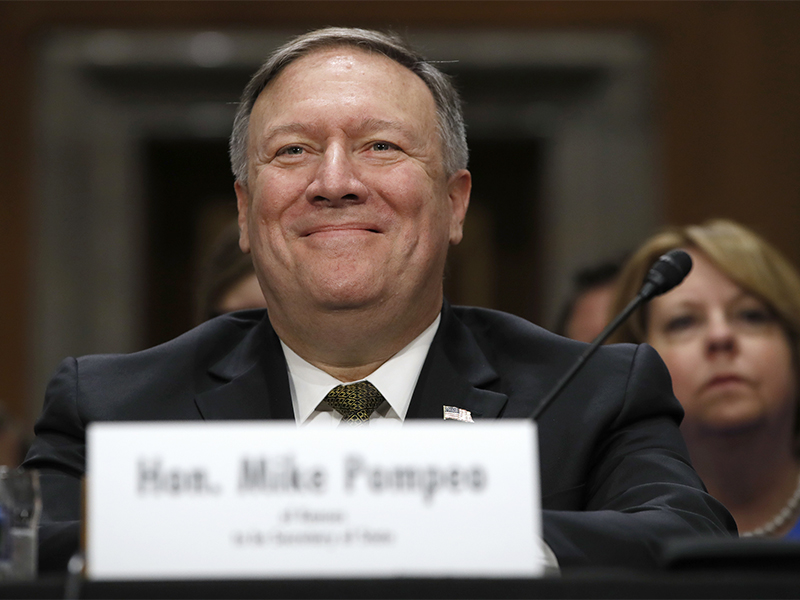CIA Director Mike Pompeo, picked to be the next secretary of state, smiles after his introductions before the Senate Foreign Relations Committee during a confirmation hearing on his nomination to be Secretary of State, Thursday, April 12, 2018 on Capitol Hill in Washington. Pompeo's remarks will be the first chance for lawmakers and the public to hear directly from the former Kansas congressman about his approach to diplomacy and the role of the State Department, should he be confirmed to lead it. (AP Photo/Jacquelyn Martin)