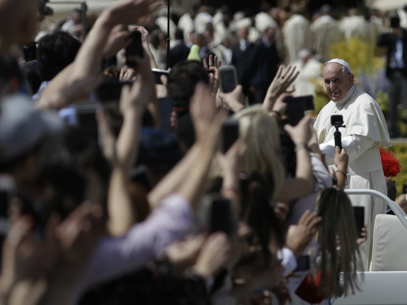 Pope Francis leaves St. Peter's Square at the Vatican after a Mass on the Sunday of Divine Mercy, April 8, 2018. (AP Photo/Gregorio Borgia)