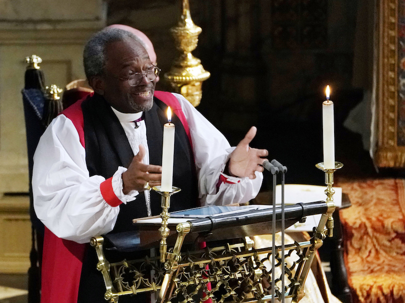 The Most Rev. Bishop Michael Curry, primate of the Episcopal Church, gives an address during the wedding of Prince Harry and Meghan Markle in St. George's Chapel at Windsor Castle on May 19, 2018. (Owen Humphreys/PA Wire via AP)