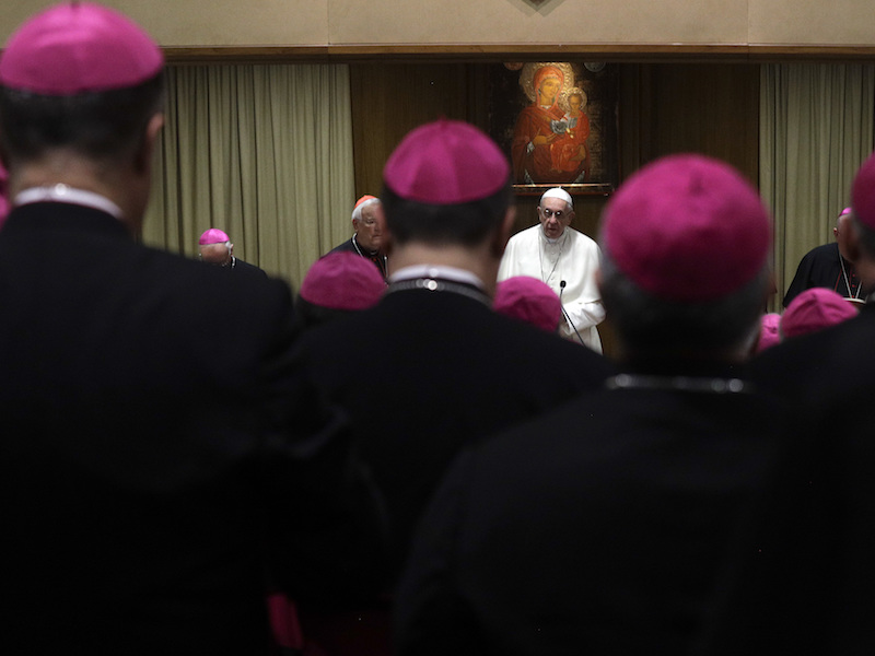 Pope Francis arrives at the annual Bishops' Conference in the Synod Hall at the Vatican on May 21, 2018. (AP Photo/Gregorio Borgia)