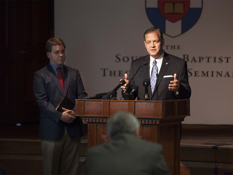 Albert Mohler, president of the Southern Baptist Theological Seminary, speaks with the press on Oct. 5, 2015. Photo by Emil Handke, courtesy of The Southern Baptist Theological Seminary