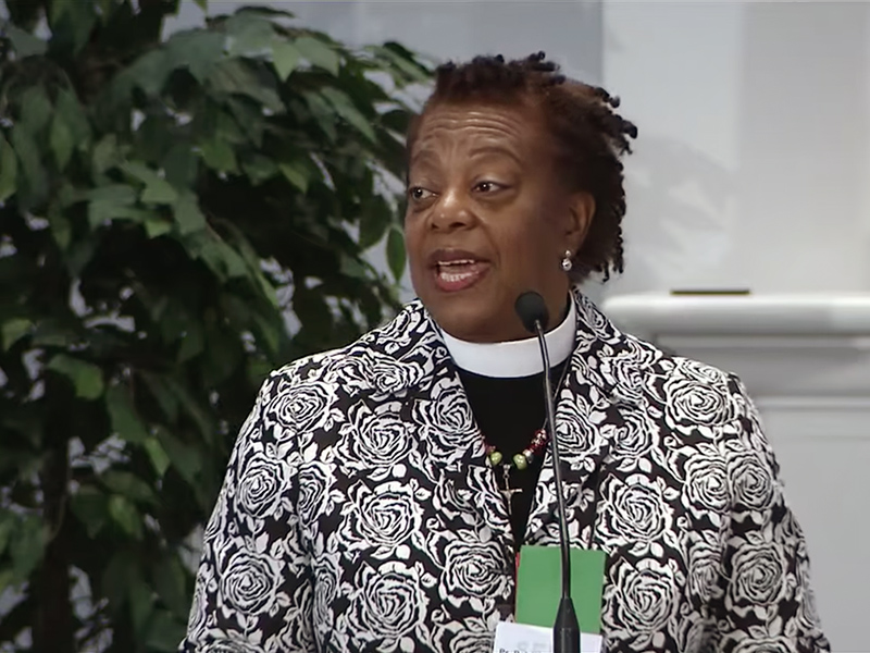 The Rev. Patricia A. Davenport speaks after being elected bishop of the ELCA Southeastern Pennsylvania Synod during its assembly at Franconia Mennonite Church in Telford, Penn., on May 5, 2018. Photo via SEPAsynod video