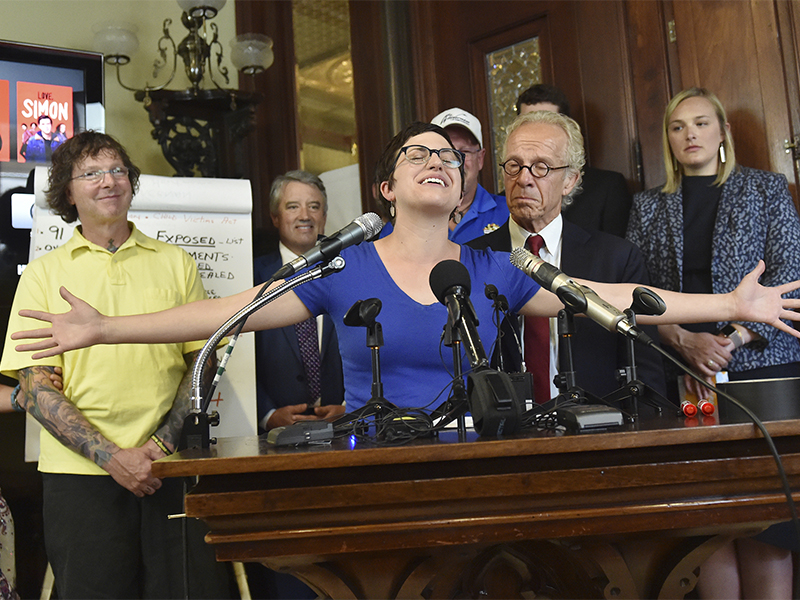 Clergy abuse survivor Marie Mielke talks about her feelings during a press conference detailing the settlement reached between clergy sexual abuse victims and the Archdiocese of St. Paul and Minneapolis, on May 31, 2018, in St. Paul, Minn. (John Autey/Pioneer Press via AP)