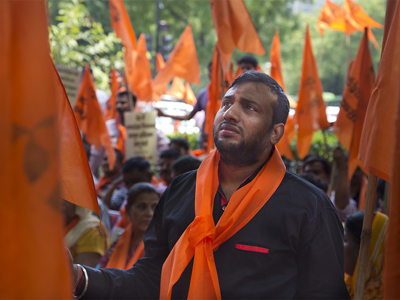 Supporters of United Hindu Front, a local Hindu nationalist party, participate in a protest in New Delhi, India, on May 10, 2018. Protestors demanded that Muslims offering prayers on streets be disallowed. (AP Photo/Manish Swarup)