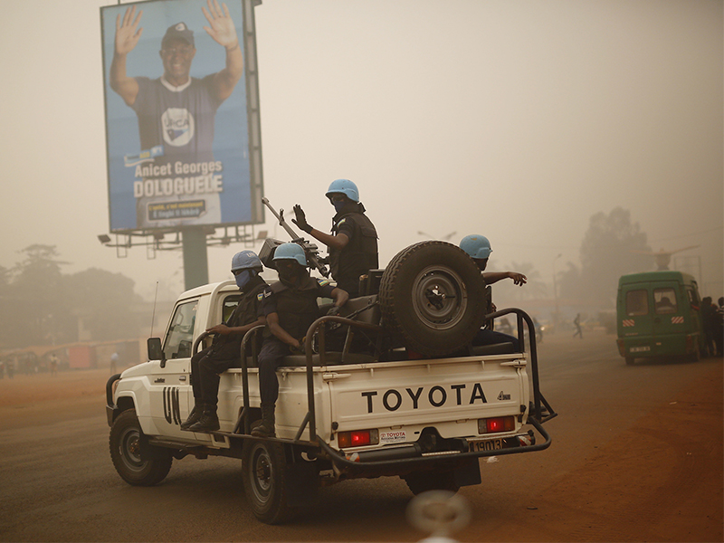 U.N. forces from Rwanda patrol the streets of Bangui, Central African Republic, in this Feb. 12 2016 file photo. (AP Photo/Jerome Delay)