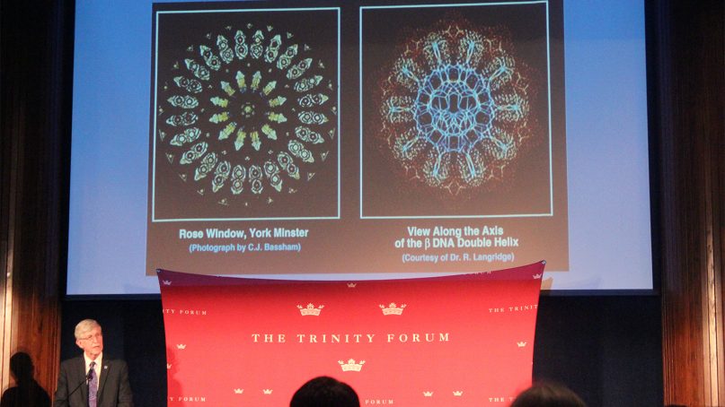 Francis Collins, bottom left, compares the beauty of a rose window, left, with DNA while speaking at the “Moving Beyond Conflict: Science and Faith in Harmony” event in Washington on June 18, 2018. RNS photo by Adelle M. Banks