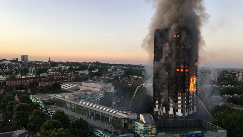 Grenfell Tower is engulfed in flames early June 14, 2017, in North Kensington in west London. Photo by Natalie Oxford/Creative Commons