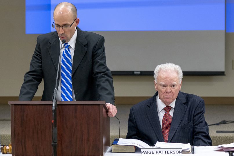 Southwestern Baptist Theological Seminary trustee chairman Kevin Ueckert, left, addresses trustees at a special called meeting at the Fort Worth, Texas, campus on May 22, 2018. The board met to discuss the recent controversies surrounding seminary President Paige Patterson, right. Photo by Adam Covington/SWBTS