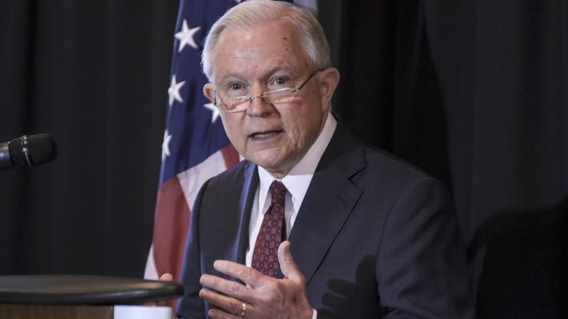 United States Attorney General Jeff Sessions speaking about immigration at Parkview Field in Fort Wayne, Indiana Thursday, June 14, 2018.
(AP Photo/Fort Wayne Journal Gazette, Mike Moore)