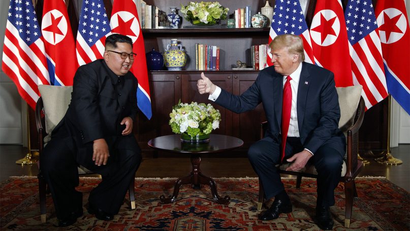 President Trump meets with North Korean leader Kim Jong Un on Sentosa Island, on June 12, 2018, in Singapore. (AP Photo/Evan Vucci)