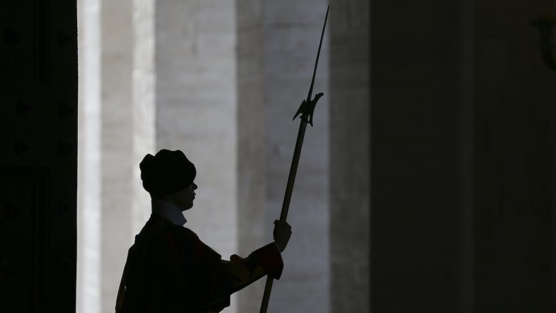 A Swiss Guard stands prior to a private audience between Pope Francis and President of Bolivia Evo Morales at the Vatican Saturday,  June 30, 2018. (Alessandro Bianchi/Pool photo via AP)