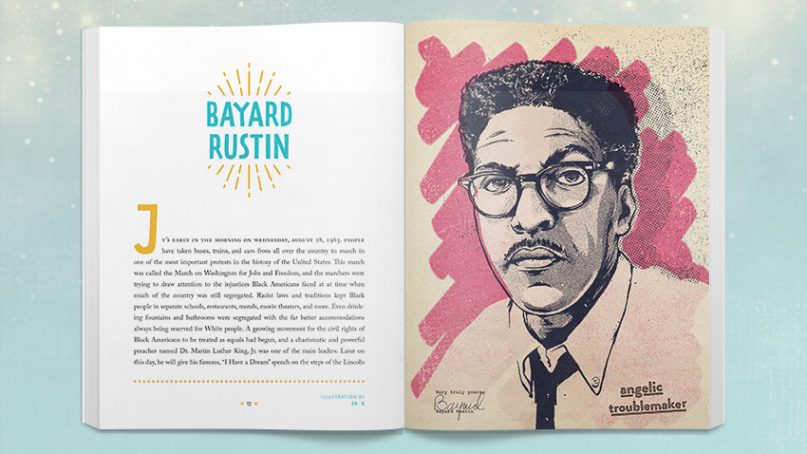 A two-page spread about nonviolent American leader Bayard Rustin in the children’s book, “Holy Troublemakers and Unconventional Saints.” Image courtesy Holy Troublemakers and Unconventional Saints