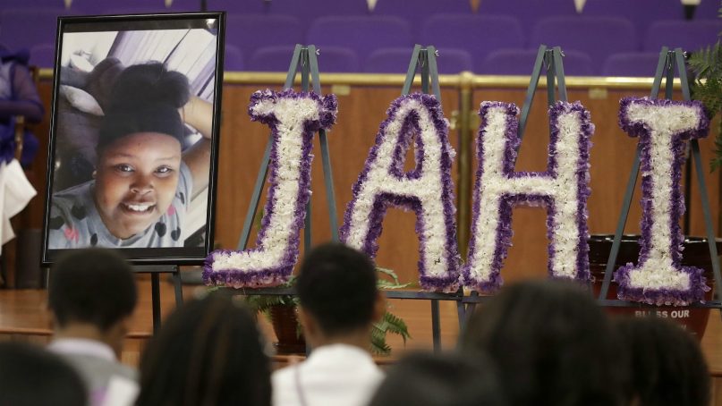 A photo of Jahi McMath is shown at her funeral at Acts Full Gospel Church in Oakland, Calif., on July 6, 2018. Dozens of family members, friends and other mourners filed into the Northern California church Friday for the funeral of the teenage girl at the center of a medical and religious debate over brain death. (AP Photo/Jeff Chiu)