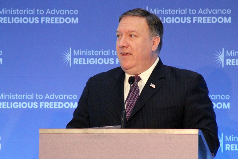 Secretary of State Mike Pompeo addresses the Ministerial to Advance Religious Freedom at the State Department in Washington on July 26, 2018. RNS photo by Adelle M. Banks