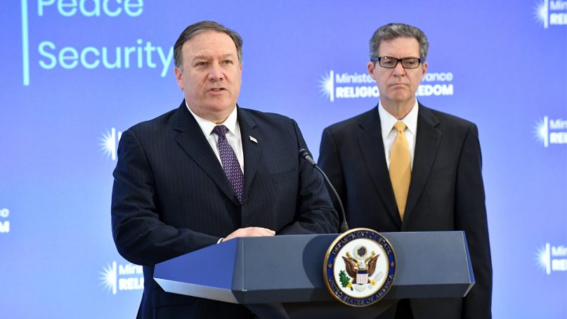 Secretary of State Mike Pompeo delivers closing remarks with Ambassador Sam Brownback at the Ministerial to Advance Religious Freedom on July 26, 2018, at the U.S. Department of State, in Washington. Photo by State Department/Creative Commons
