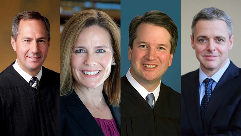 Potential Supreme Court nominees Thomas Hardiman, from left, Amy Coney Barrett, Brett Kavanaugh, and Raymond Kethledge.