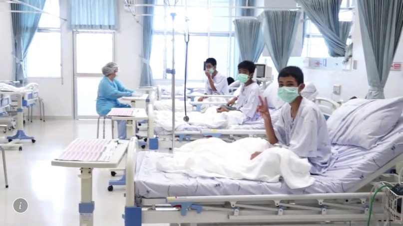 Three of the 12 boys are seen recovering in their hospital beds after being rescued along with their coach from a flooded cave in Mae Sai, Chiang Rai province, northern Thailand. (Thailand Government Spokesman Bureau via AP)
