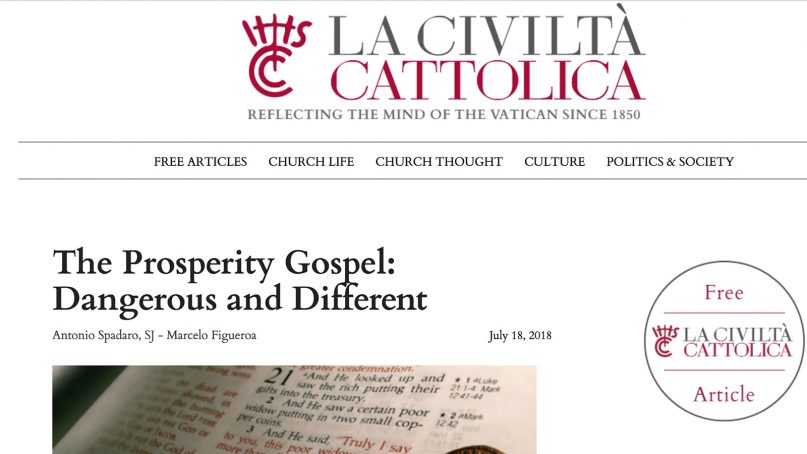 La Civilta Cattolica published “The Prosperity Gospel: Dangerous and Different,” critiquing American evangelicals. Screenshot