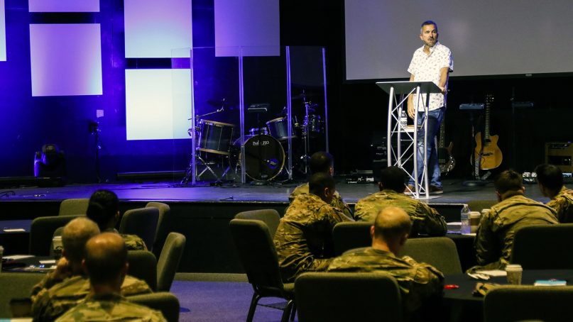 Manna Church pastor Michael Fletcher addresses the U.S. Army Special Operations Command Chaplains Conference in Fayetteville, N.C., in July 2018.  Photo courtesy Manna Church