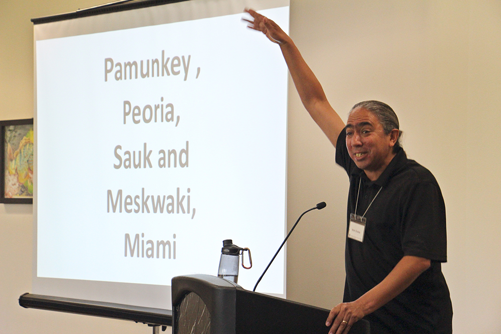 Mark Charles — a Navajo pastor, speaker and author — discusses the Doctrine of Discovery to a room full of missionaries in the Evangelical Lutheran Church in America, gathered July 26, 2018, for their annual meeting at the Loyola University Retreat and Ecology Campus in Woodstock, Ill. RNS photo by Emily McFarlan Miller