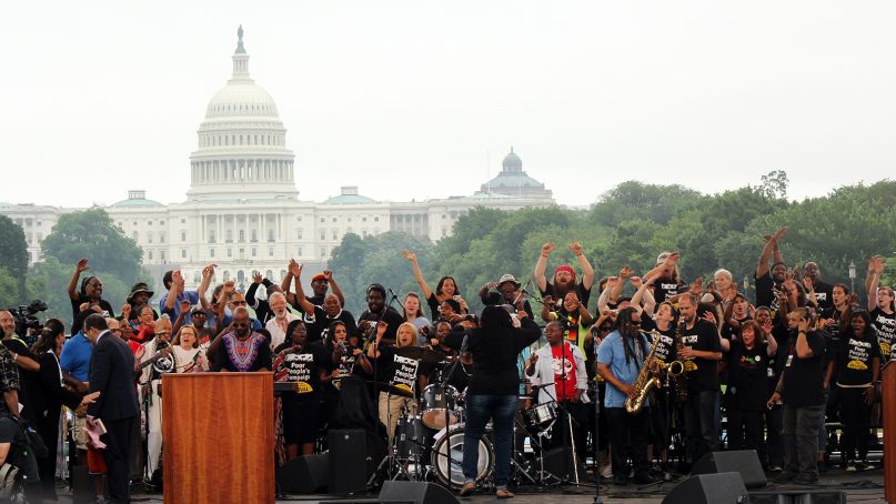Musicians, including the Justice Jump-off Choir and the Freddy Green Band, perform at the Poor People’s Campaign rally on June 23, 2018, in Washington. RNS photo by Adelle M. Banks