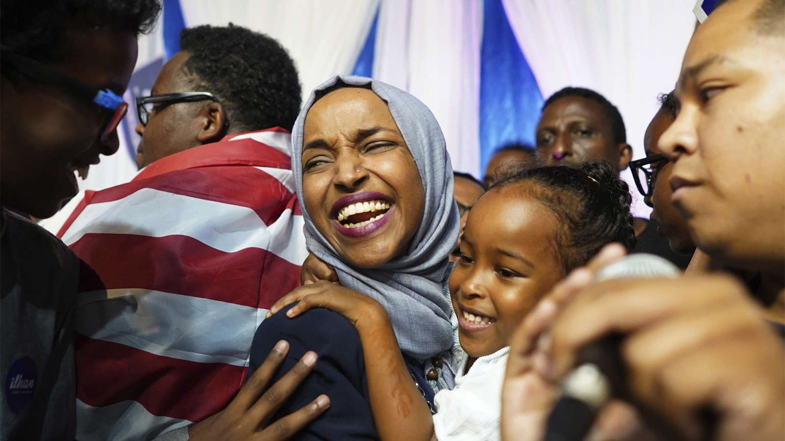 Minnesota state Rep. Ilhan Omar, center, celebrates after her congressional 5th District primary victory on Aug. 14, 2018, in Minneapolis. Omar will be the first woman in U.S. Congress to wear a hijab.(Mark Vancleave/Star Tribune via AP)