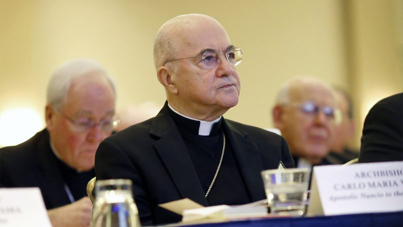 Archbishop Carlo Maria Viganò listens to remarks at the United States Conference of Catholic Bishops' annual fall meeting on Nov. 16, 2015, in Baltimore. (AP Photo/Patrick Semansky)