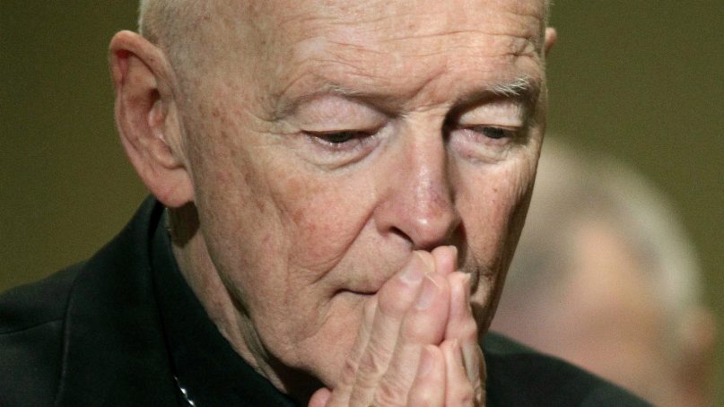 In this Nov. 14, 2011, file photo, then-Cardinal Theodore McCarrick prays during the U.S. Conference of Catholic Bishops' annual fall assembly in Baltimore. (AP Photo/Patrick Semansky, File)