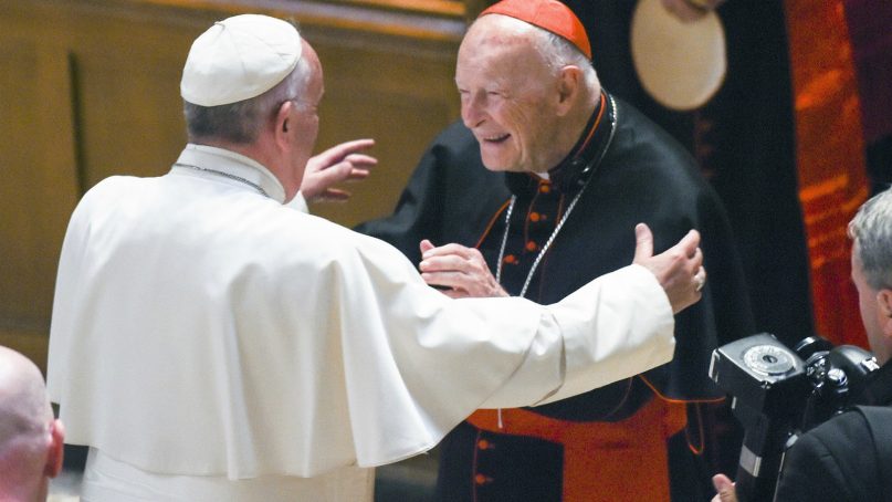 In this Sept. 23, 2015, file photo, Pope Francis reaches out to hug Cardinal Archbishop emeritus Theodore McCarrick after the Midday Prayer of the Divine with more than 300 U.S. bishops at the Cathedral of St. Matthew the Apostle in Washington. Seton Hall University has begun an investigation into potential sexual abuse at two seminaries it hosts after misconduct allegations against McCarrick and other priests. (Jonathan Newton/The Washington Post via AP, Pool, File)