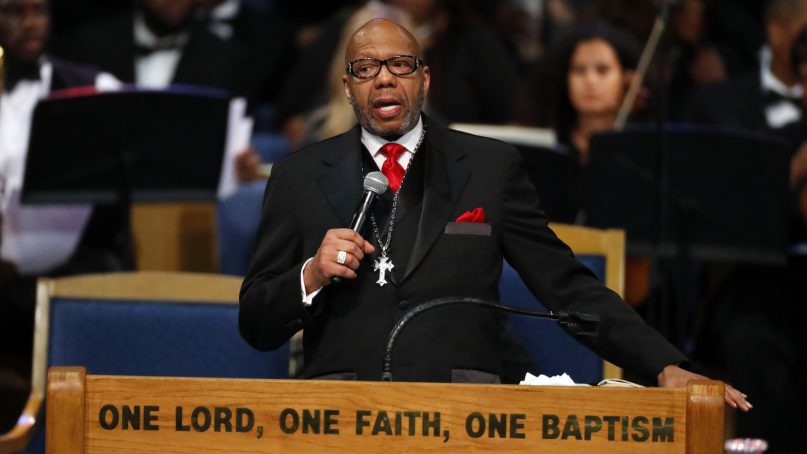 The Rev. Jasper Williams Jr. delivers the eulogy  during the funeral service for Aretha Franklin at Greater Grace Temple on Aug. 31, 2018, in Detroit. Franklin died Aug. 16, 2018, of pancreatic cancer at age 76. (AP Photo/Paul Sancya)