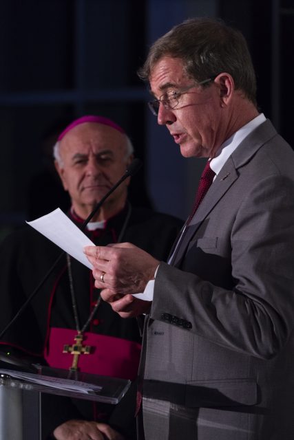 Archbishop Paglia, Pontifical Academy for Life, stands by Bishop Scott J. Jones, United Methodist Church, as Jones reads their joint declaration in support of palliative care at the end of life. (Credit: Houston Methodist Hospital)