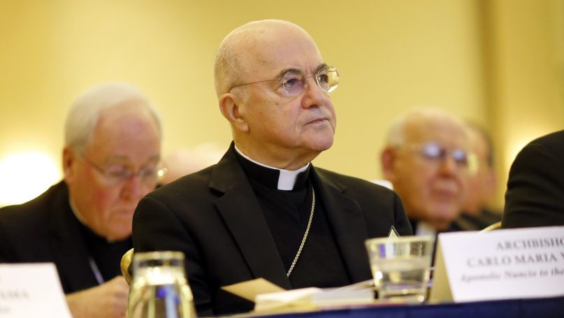 Archbishop Carlo Maria Viganò, then-apostolic nuncio to the United States, listens to remarks at the U.S. Conference of Catholic Bishops' annual fall meeting, on Nov. 16, 2015, in Baltimore. (AP Photo/Patrick Semansky)