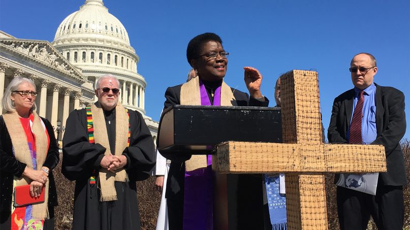 The Rev. Barbara Williams-Skinner speaks during a demonstration by Christian leaders opposing President Trump’s proposed budget at the U.S. Capitol on March 29, 2017.  RNS photo by Lauren Markoe