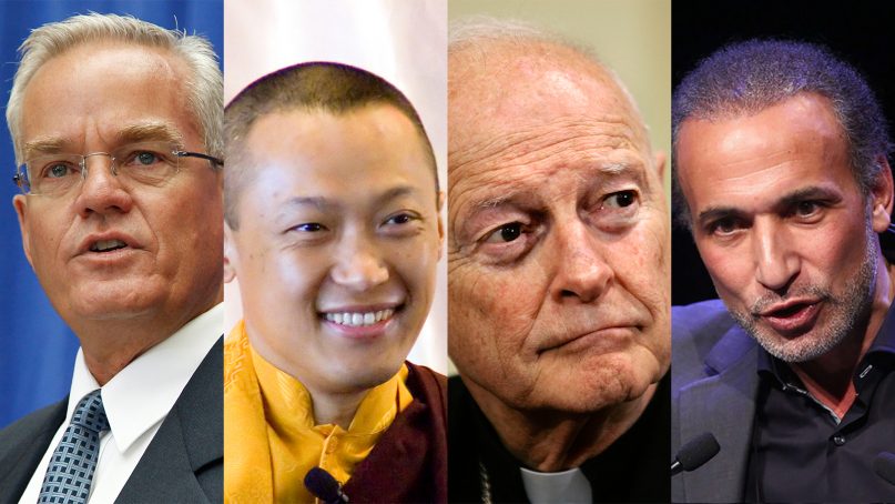Bill Hybels, from left, Sakyong Mipham Rinpoche, Cardinal Theodore McCarrick and Tariq Ramadan. (AP Photos)