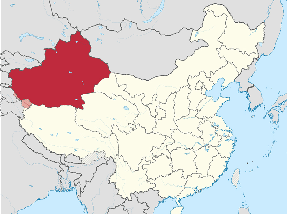 The Xinjiang province in western China where many Uighurs live. Map courtesy of Creative Commons