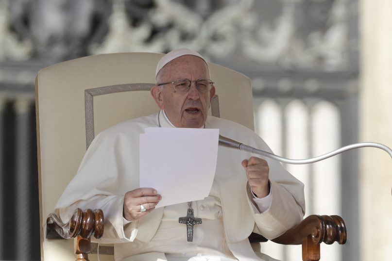 Pope Francis delivers his message on the occasion of his weekly general audience in St.Peter's Square, at the Vatican, Wednesday, Oct. 10, 2018. (AP Photo/Gregorio Borgia)