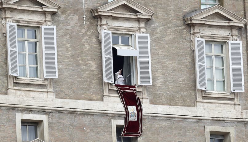 Pope Francis delivers his blessing from his studio window overlooking St. Peter's Square at the Vatican on Oct. 28, 2018. Francis is grieving with Pittsburgh's Jewish community after the massacre at a synagogue, denouncing the 