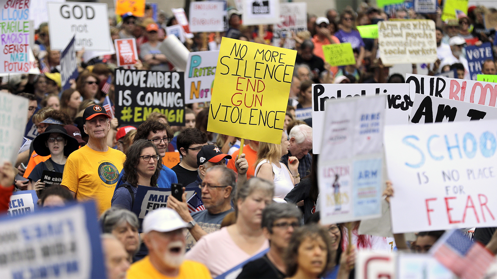 Demonstrators gather for a "March for Our Lives" protest for gun control legislation and school safety on March 24, 2018, in Houston. Students and activists across the country planned events in conjunction with a Washington march spearheaded by teens from Marjory Stoneman Douglas High School in Parkland, Fla., where more than a dozen people were killed in February. (AP Photo/David J. Phillip)