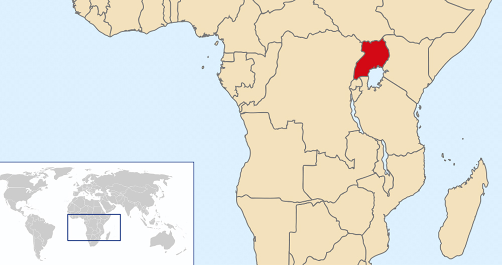 Uganda, in red, located in eastern Africa. Image courtesy of Creative Commons