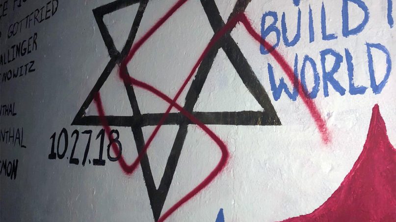 A Star of David that is part of a tribute mural was vandalized with a swastika on the campus of Duke University in Durham, N.C. Photo by Olivia Levine via Facebook

 