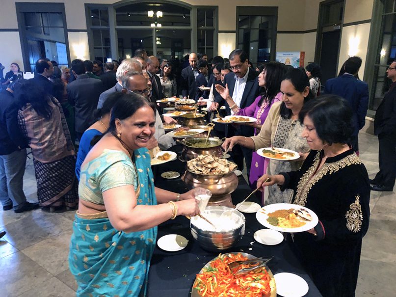 Attendees select from all-vegetarian meal options at the Hindu American Foundation’s 2018 gala in Dallas. In 2018, the group planned to offer 30% of the meals as vegan. Photo courtesy of HAF