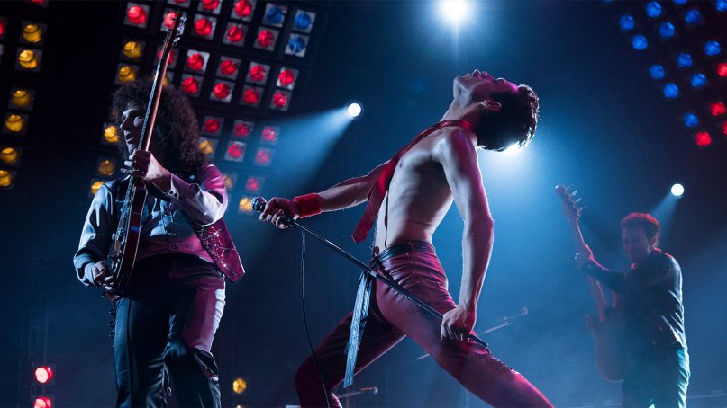 Rami Malek, center, plays Queen frontman Freddie Mercury in the film “Bohemian Rhapsody.” Marc Martel provided many of the Freddie Mercury singing vocals for the film. Photo courtesy of Fox