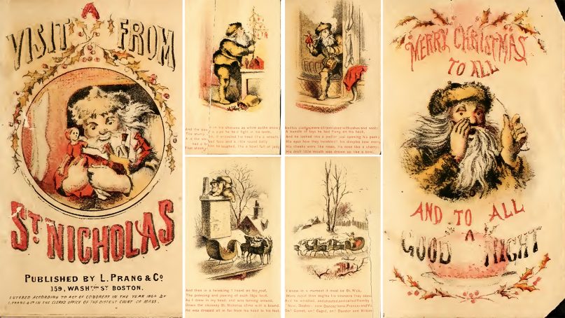 Pages from an 1864 edition of Clement Clarke Moore’s poem “A Visit from St. Nicholas.” Printings of Moore’s poem included some of the first images of St. Nicholas. Images courtesy of Creative Commons
