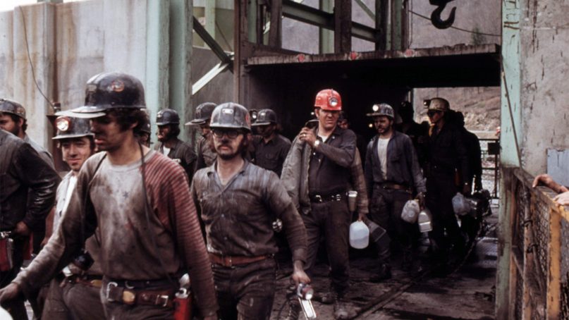 Coal miners exit an elevator after a shift at the Virginia-Pocahontas Coal Company near Richmond, Va. in April 1974. Photo by Jack Corn/Creative Commons