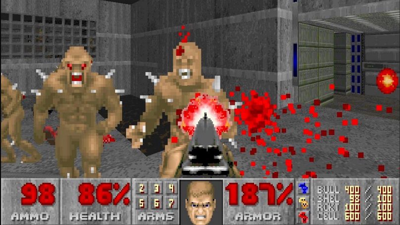 The player interface on Doom, the original first-person shooter game. Screenshot