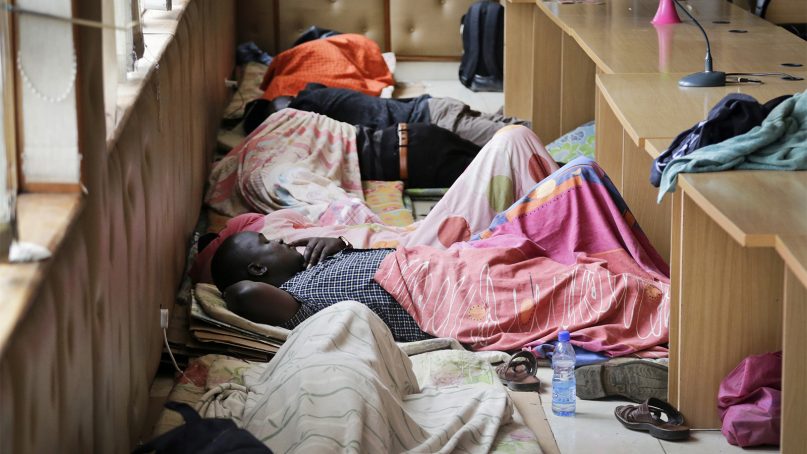 Non-Muslim teachers who had to leave their posts camp out in the headquarters of the Kenya National Union of Teachers in Nairobi, Kenya, on April 27, 2018. Deadly attacks by the al-Shabab extremist group targeting non-Muslim teachers in Kenya have caused hundreds of schools near the Somali border to shut down as teachers flee for their lives. (AP Photo/Khalil Senosi)