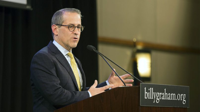 Mark DeMoss speaks at a news conference ahead of the Billy Graham memorial service on March 1, 2018, after the famous preacher’s death in February. Photo courtesy of the Billy Graham Evangelistic Association