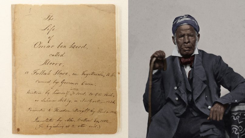The title page of Omar Ibn Said’s autobiography, left, translated into English in 1848 by Alexander J. Cotheal, treasurer of the American Ethnological Society, after conservation treatment. A restored, colorized portrait of Omar Ibn Said, right, around the 1850s. Book photo by Shawn Miller/LOC; portrait courtesy of Yale University Library